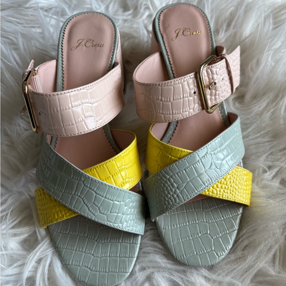 J. Crew Women's Yellow and Blue Croc-Embossed Mules